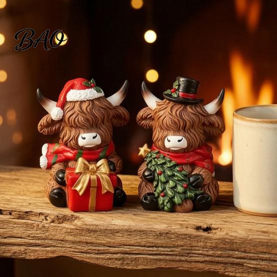 Christmas Tree Hanging Decorations Highland Cow Figurine, Resin Holiday Statue with Santa Hat & Decorative Sitting Figures Gift Box, Cute Calf Desktop