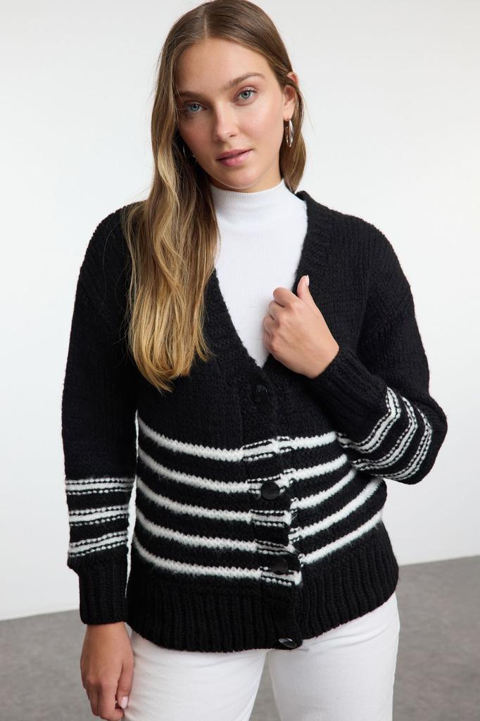 Women's Elegance Style Cardigan Black Soft Textured Striped Knitwear Cardigan