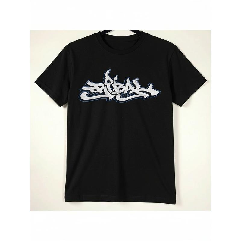 Unisex Y2K Tribal Graffiti T-Shirt - Black With White & Blue Art Print, Short Sleeve Round Neck Casual Urban Style, Breathable Fit For Casual Attire,