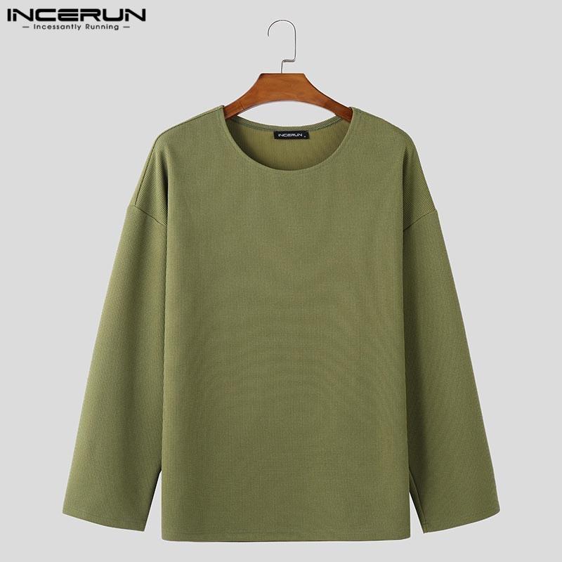 INCERUN Men Round Neck Long Sleeve Texture Waffle Casual Oversized T-shirts
