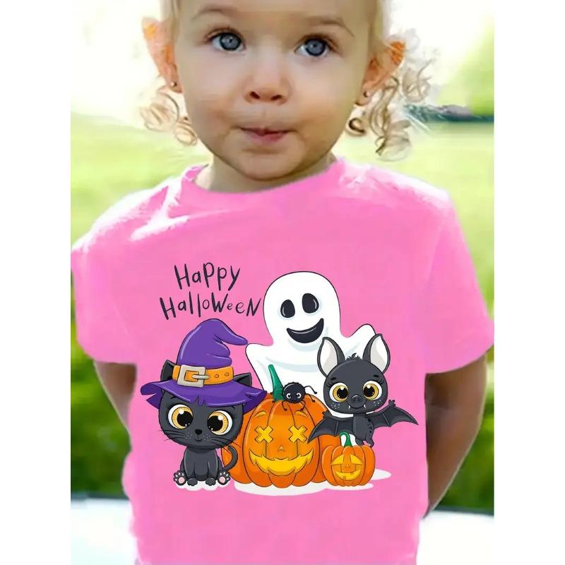 Футболка с короткими рукавами, летний наряд со стильным мультяшным принтом, милый модный топ с круглым вырезом, свободный крой, детская футболка