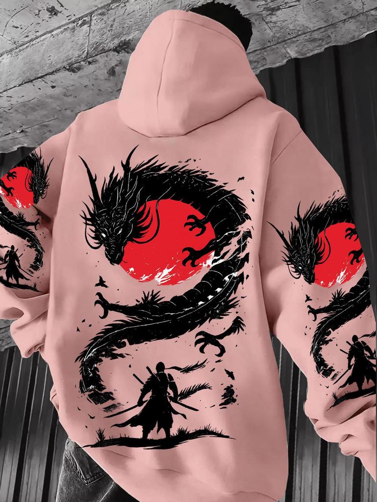 Japanese samurai dragon print hooded sweater for men and women of the same style Guochao navy blue loose street style top