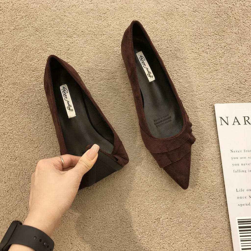 Остроносые французские туфли с открытым верхом на толстом каблуке из замши, женские 2025, новая мягкая подошва, универсальные, для юбки, для работы, вечерние туфли