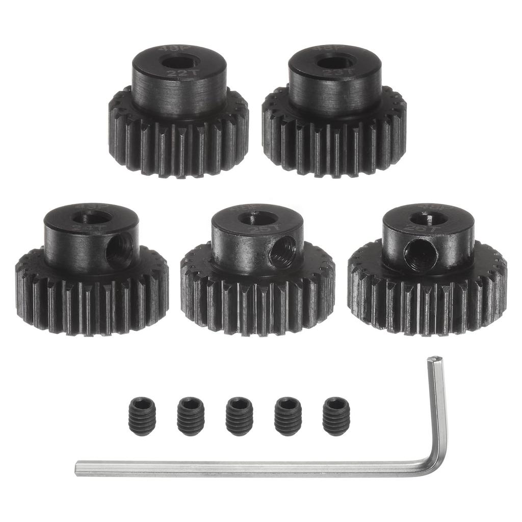 uxcell 48P Pinion Gear Set, 3.175mm (1/8") Shaft, 22T, 23T, 24T, 25T, 26T, Motor Gear, Hardened Steel Spur Pinion Gear with Step for RC Car (Set of 5)