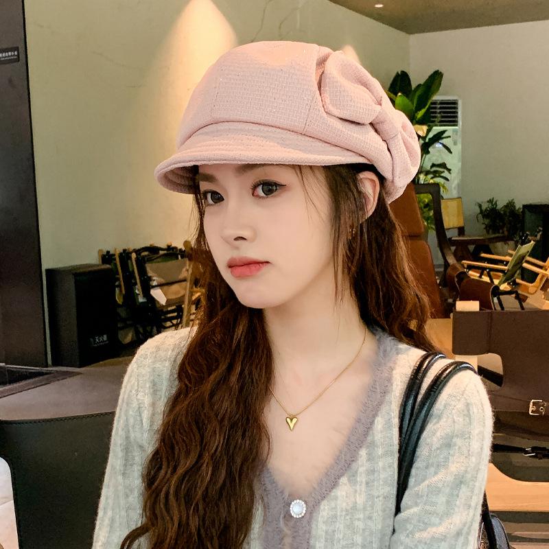 Hat Female Foreign Style Fashion Design Sense Bow Niche Cap Suitable for Round Face Small Octagonal Hat