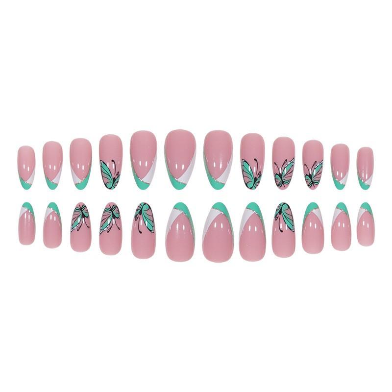 Butterfly Glitter Almond Shape Press-On Nails With Adhesive Gel Or Jelly Glue Trendy Nail Art