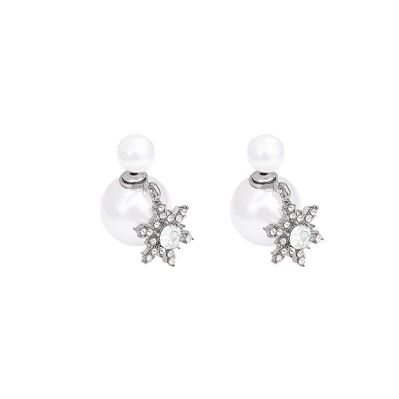 Korean-Style Shiny Snowflake Diamond Earrings for Women, Two-Way Back Hanging Pearl Design, Celebrity-Inspired.