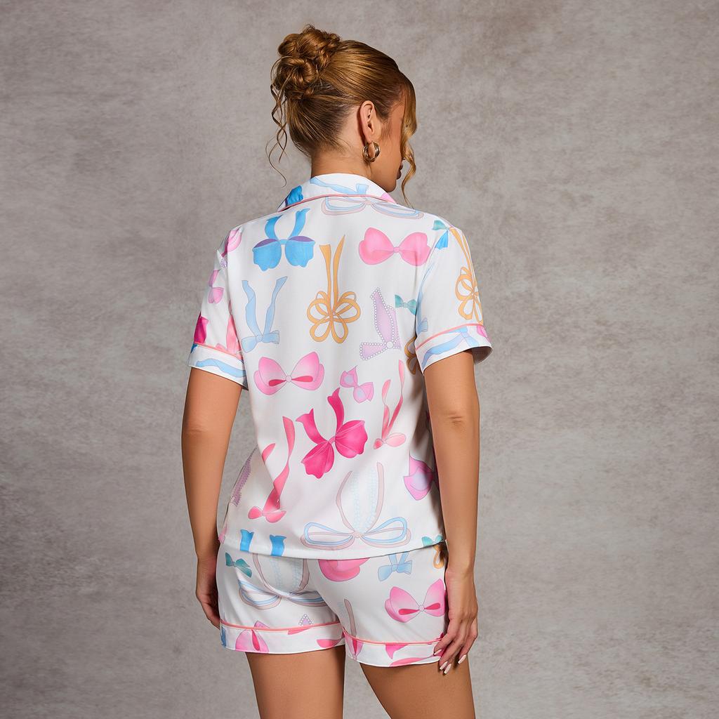 Летний женский топ с короткими рукавами и шорты, комплект из 2 предметов, пижама женская, модная, повседневная, свободная, с бантом, кардиган, пижама, комплект