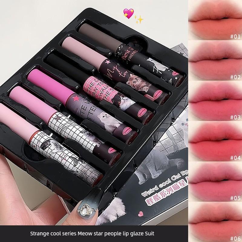 Cat Mirror Matte Lip Gloss 6 Pieces Suit Makeup Lip Makeup Gift Box Lip Glaze for Girlfriend Lipstick Cheap Gift Suit