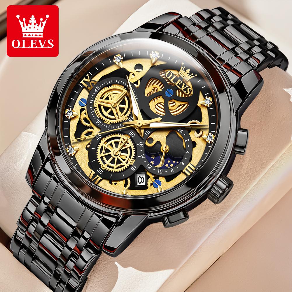 OLEVS 9947 Sell Original Quartz Watch for Men Skeleton Flywheel Design Classic Chrono Small Dial Top Luxury Men's Wristwatch