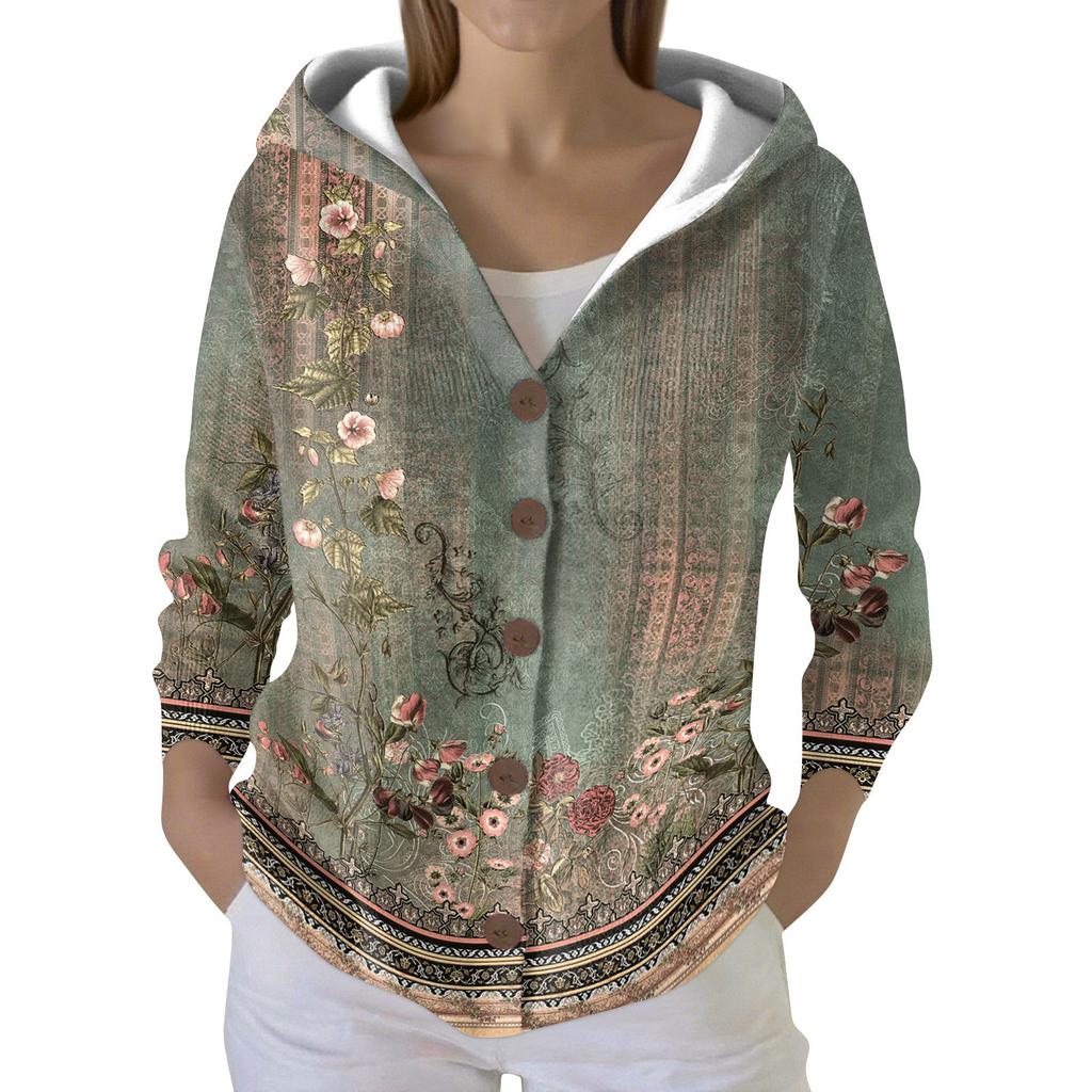 Women's Fashion Casual Sweater Button-Up Print Cardigan Hooded Jacket