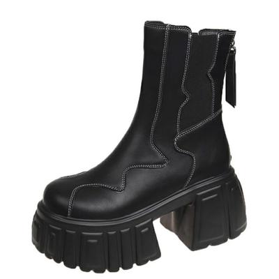 Модные зимние женские теплые меховые ботильоны 8 см, массивные дизайнерские кожаные туфли на высоком каблуке, новые трендовые готические плюшевые мотоциклетные ботинки на платформе