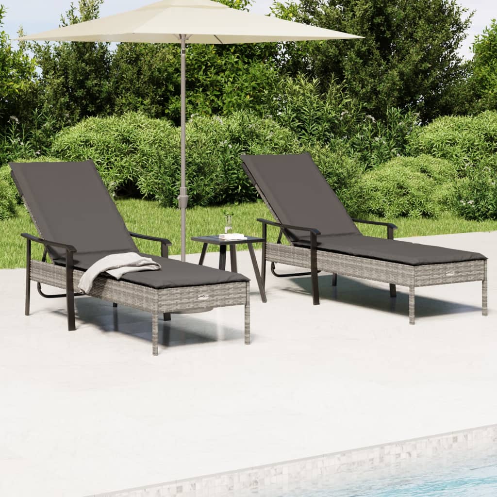 Sun Loungers (2 pcs) with Table and Cushions Grey Poly Rattan