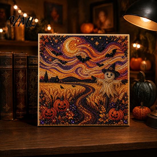 Handmade Ghost Pumpkin Art Halloween Faux Pearl DIY Kit, 3D Bead Embroidery Craft Set, Spooky Haunted House Goat Witch Wall Art, Seasonal Home