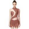 Women‘s Sparkly Rhinestone Leotard Dress Sheer Mesh Long Sleeve Mock Neck Color Blocking Asymmetrical Hem for Figure Skating Latin Performance