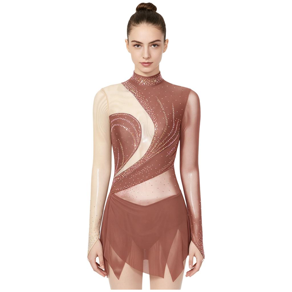 Women‘s Sparkly Rhinestone Leotard Dress Sheer Mesh Long Sleeve Mock Neck Color Blocking Asymmetrical Hem for Figure Skating Latin Performance