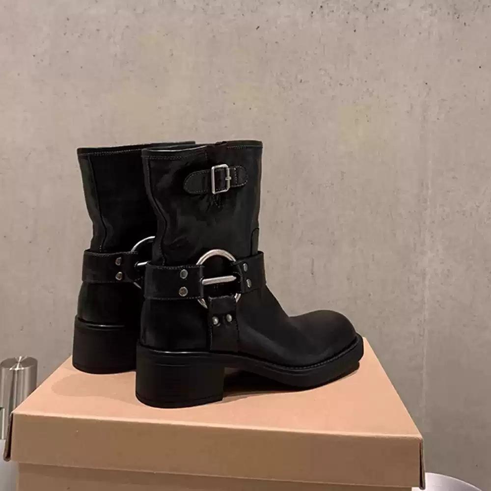 Версия из коровьей кожи~ натуральная кожа ретро металлическая пряжка толстый каблук вестерн короткие сапоги женские осень и зима новые панк локомотив рыцарские сапоги