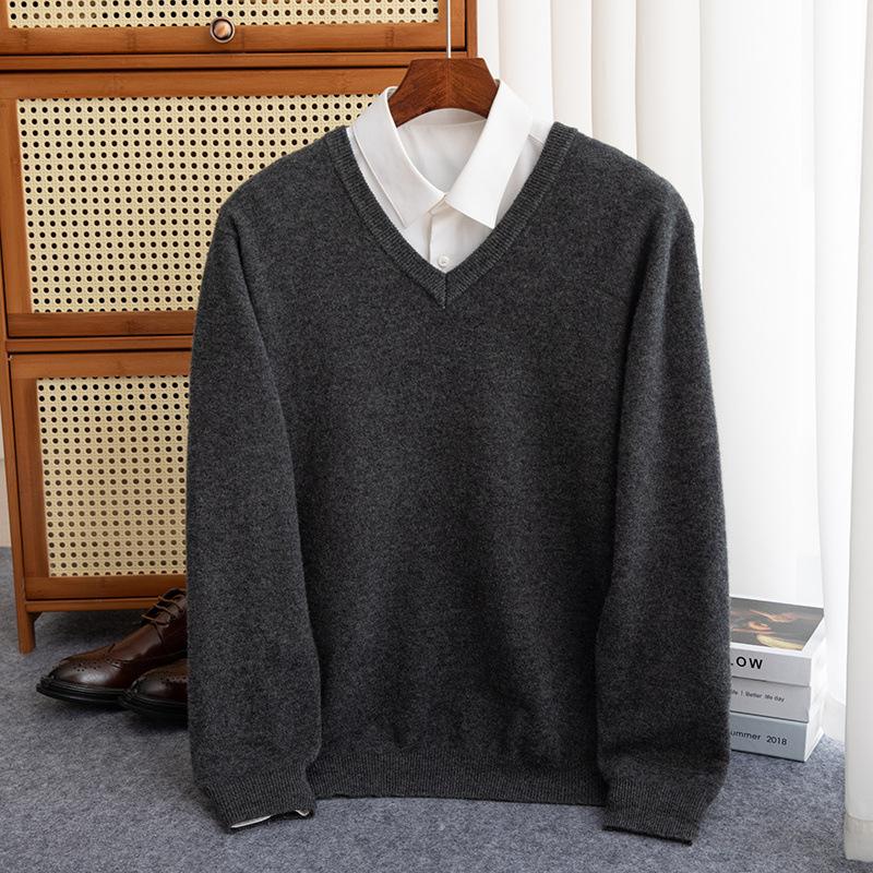 Мужской свитер из мериносовой шерсти с V-образным вырезом, пуловер, осень-зима, кашемир, теплый, однотонный, трикотаж, одежда, деловой низ, мягкие верхние части