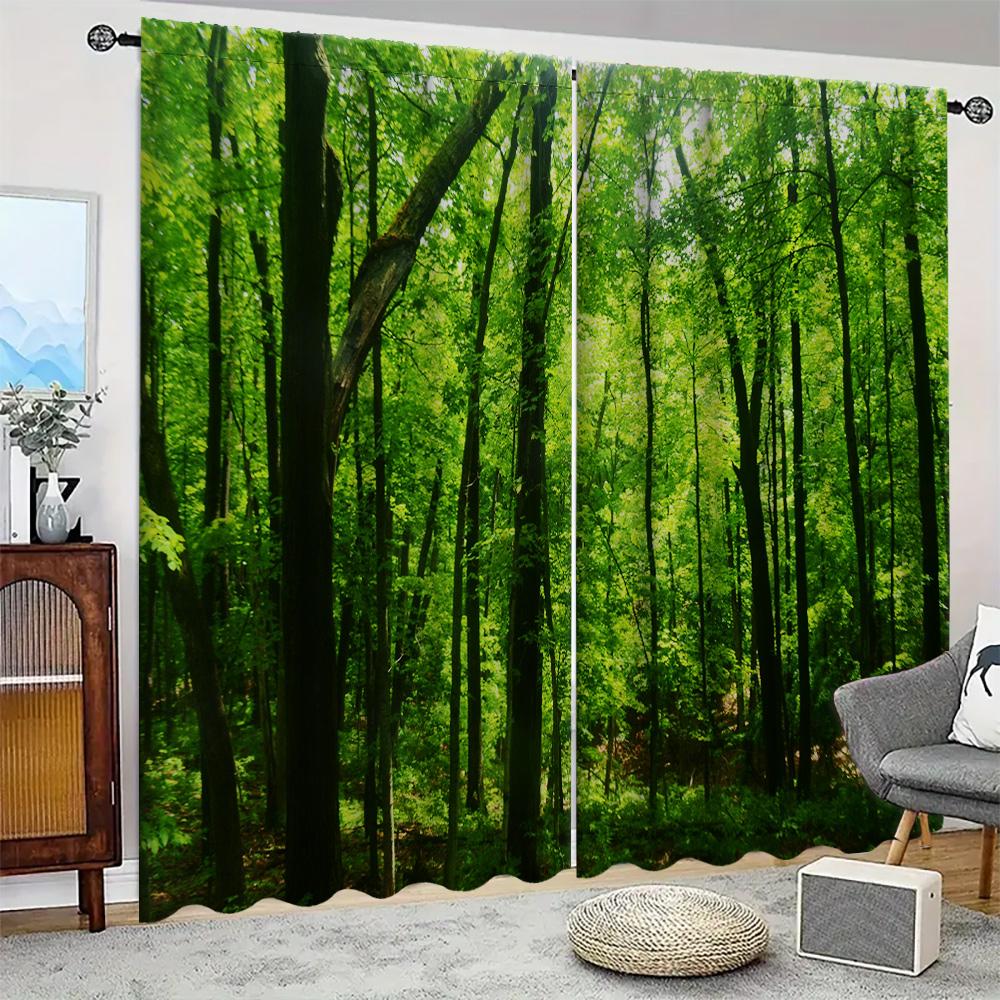 2 шт. Домашние шторы «Зеленый лес» с пейзажным фоном и шторы с карманом для штанги, Кухня, Кофейня, Гостиная