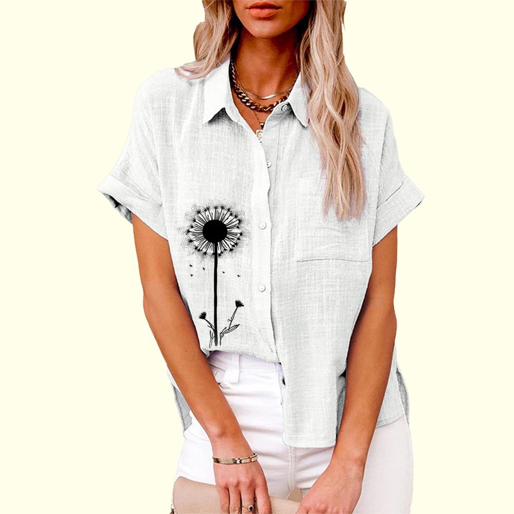 Большие размеры Женская модная блузка с цветочным принтом на пуговицах Льняной топ Женская повседневная свободная футболка с коротким рукавом