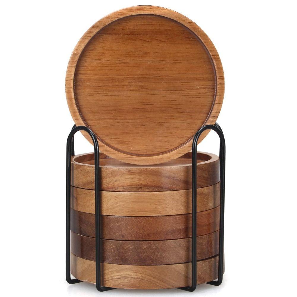 1/4/6Pcs Minimalist Wooden Coasters Natural Absorbent Modern Rustic Heat Insulation Pad with Bracket Eco-Friendly Table Mat Desk