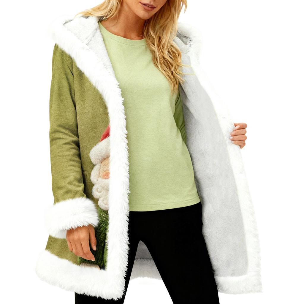 Unisex Casual And Fashionable Plush Collar Hooded Long Sleeved Christmas Printing Jacket