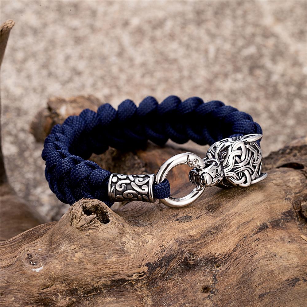 Outdoor Norse Mythology Odins Wolf Bracelet Men Stainless Steel Braided Paracord Rope Wristband Viking Runes Celtic Knot Jewelry
