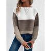 Elegant Three-color Patchwork Sweater Women Daily Commuter Casual Loose Jumpers Female Autumn Winter Knitted Thickened Warm Tops