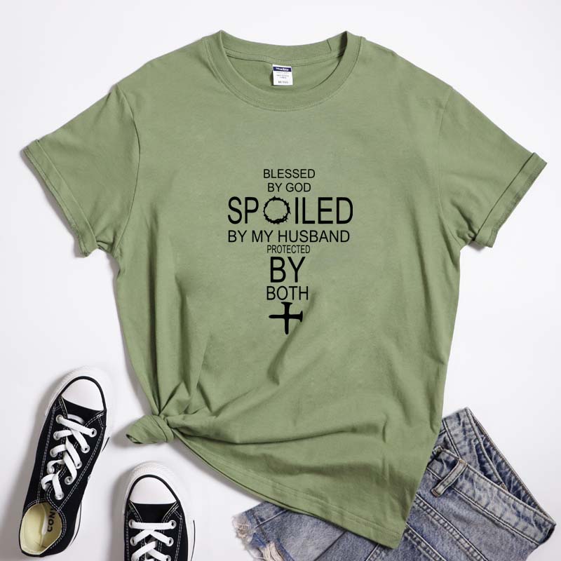 Blessed By God Spoiled By My Husband TShirt Sarcastic Motherhood Christian Bible Verse Tee Top Funny Mom Life Religion Tshirt