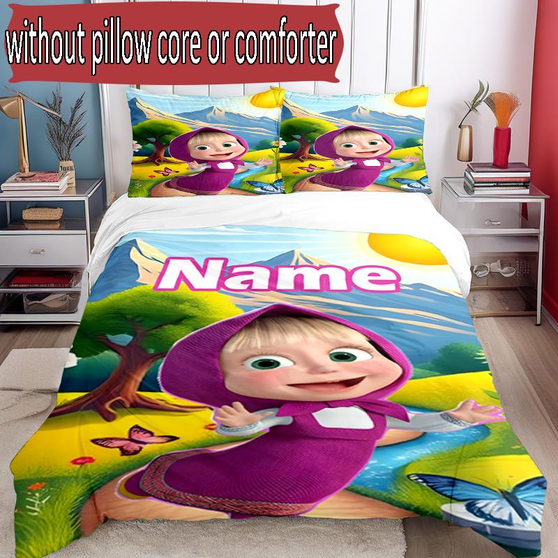 3pcs Duvet Cover Set (1*Duvet Cover + 2*Pillowcase, Without Core), Custom Name Masha and The Bear Pattern Bedding Set, Home Bedroom Decor Gift