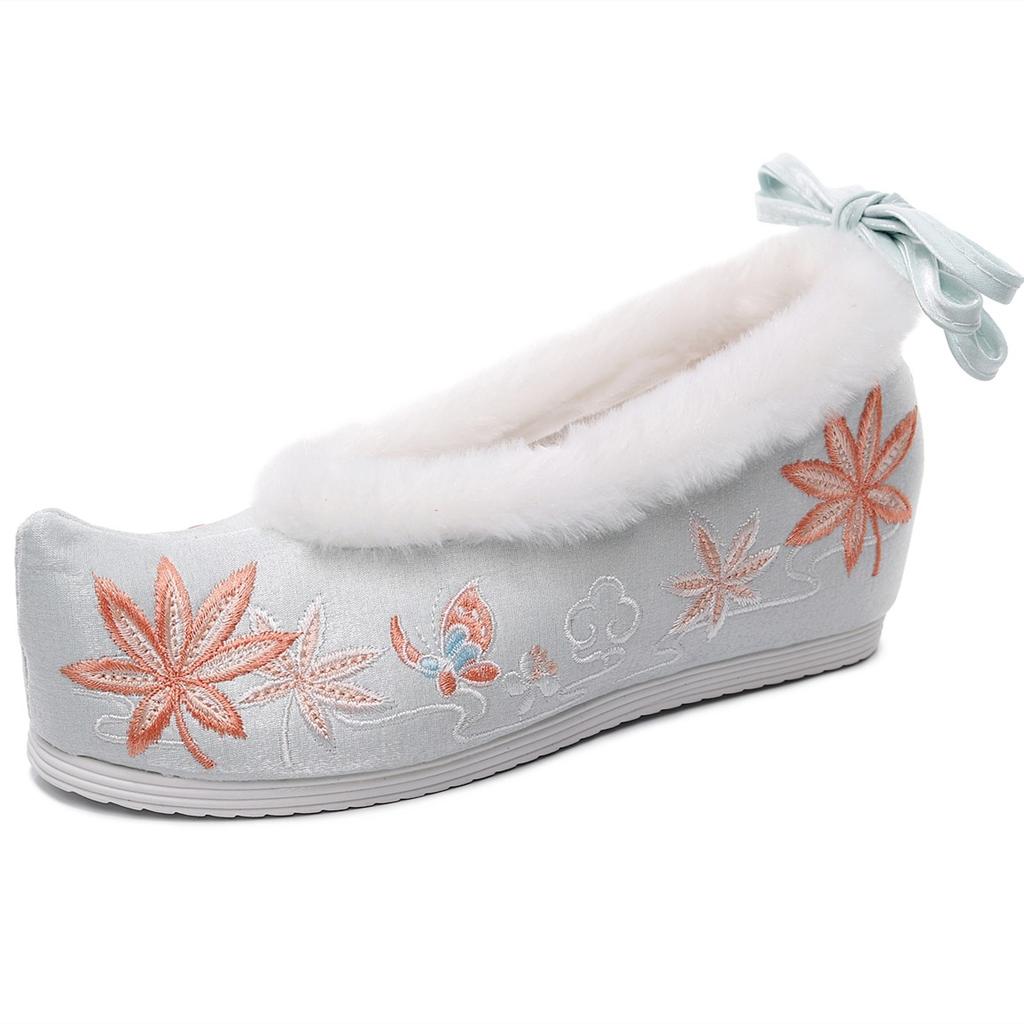 Плавающие и бархатные зимние новые теплые туфли Ханфу, антикварные вышитые туфли, хлопковые туфли, внутренняя высота увеличена, туфли с бантом на мыске, туфли с мыском