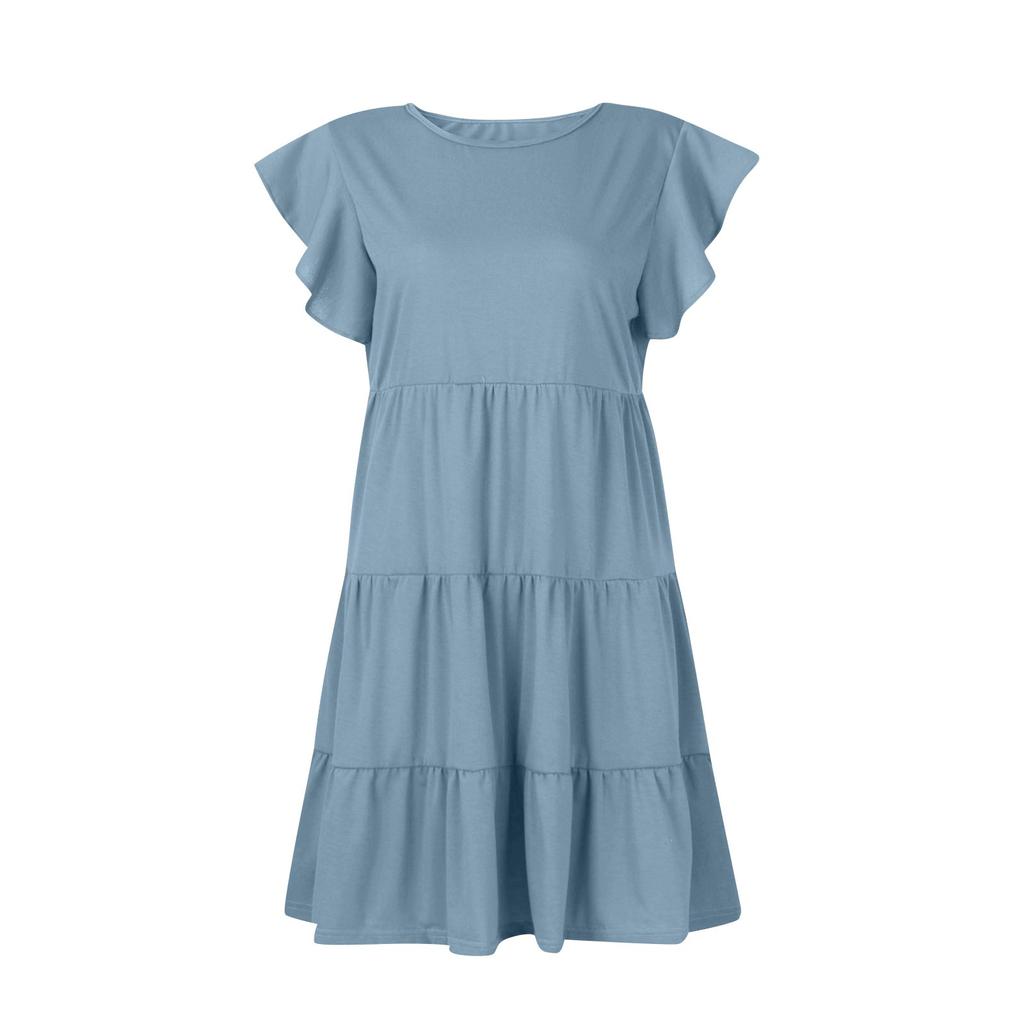 Summer Beach Dress For Women Casual Round Neck Tunic Ruffle Short Sleeve A-Line Tiered Babydoll Dress Flowy  Dress