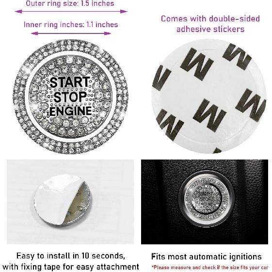 Шикарная наклейка на кнопку запуска автомобиля, сверкающие стразы, полностью защищающая декоративная крышка кнопки, ключ зажигания с защитой от царапин; Кольцо с ручкой,