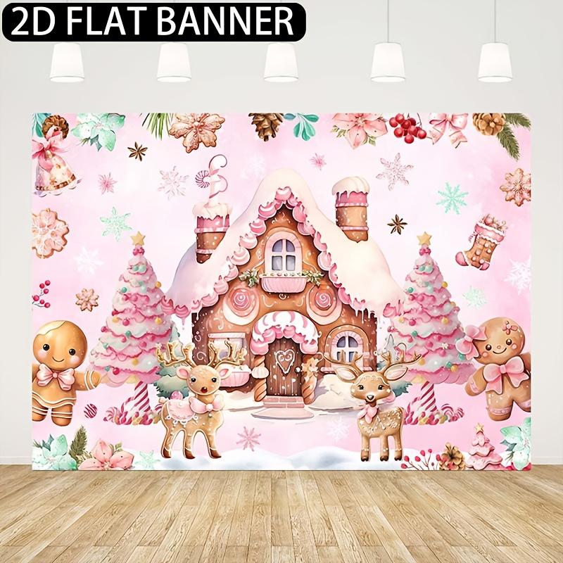 1pc Christmas Party Background Banner - Pink Gingerbread House and Candy Land Scene - Multi purpose Festival Party Decoration