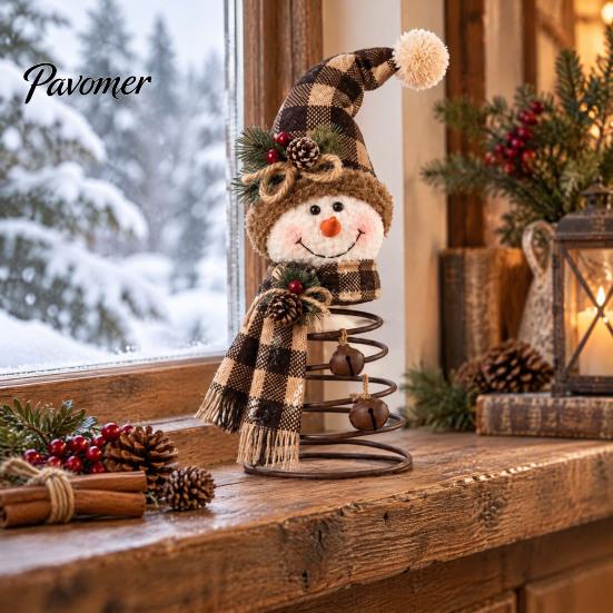 Handmade Christmas Crafts Snowman Tree Topper with Spring Base, 9.84 Inch Autumn Holiday Shelf Sitters Party Tabletop Ornament, Fall Harvest
