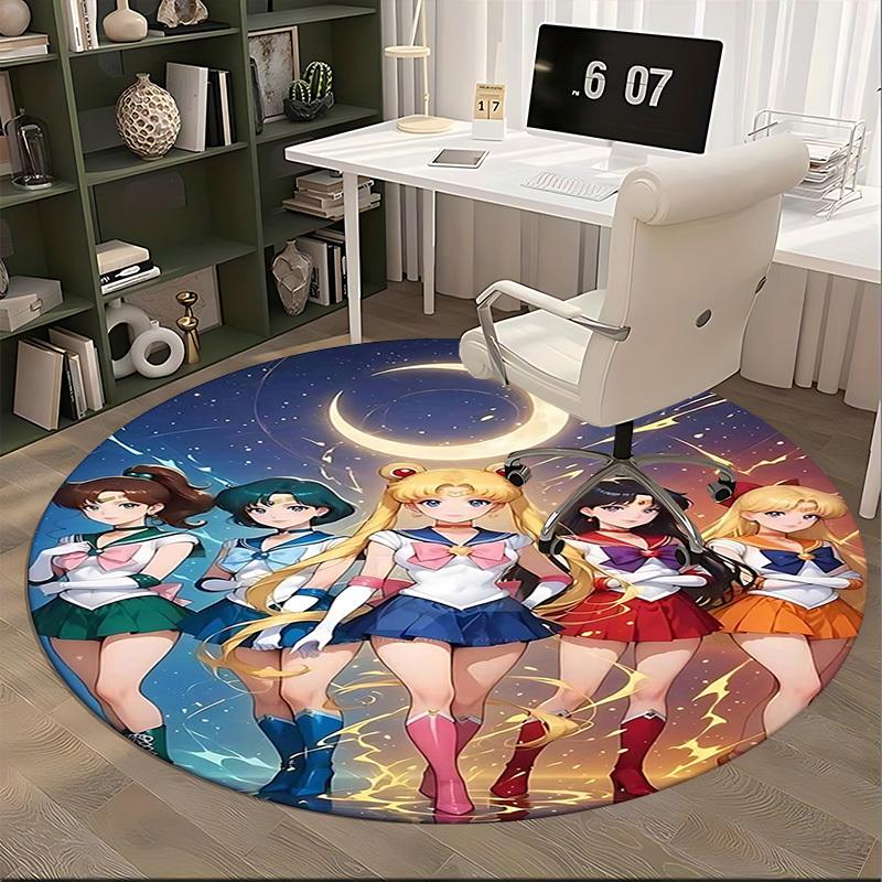 1pc Sailor Moon Anime Cartoon Design Round Carpet  Office Chair Mat, NonSlip Rug for Home Decor, Living Room