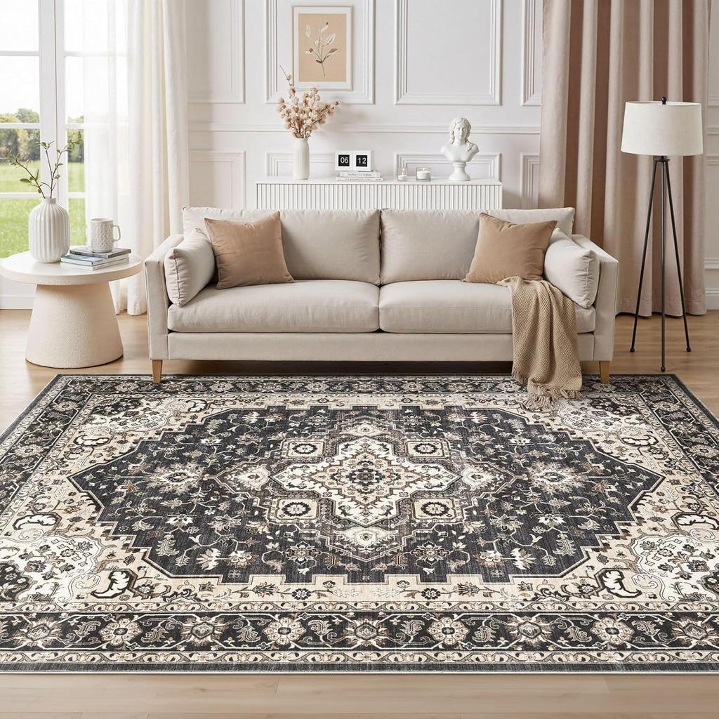 Washable Area Rug 9x12: Vintage Non-Slip Stain Resistant for Living Room, Soft Large Carpet for Bedroom Dining Room Home Office(