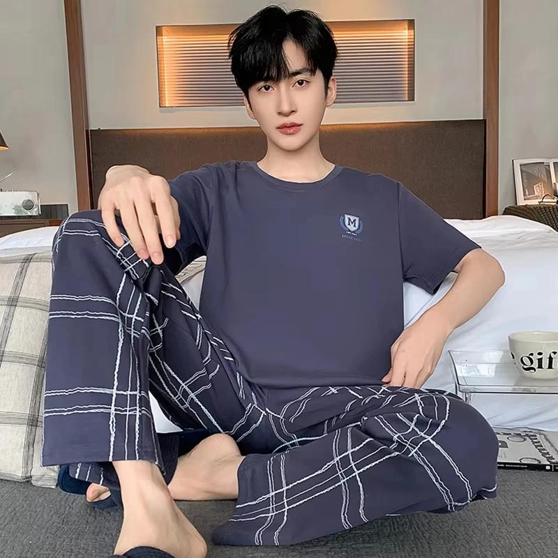 Summer Soft Cotton Pajamas Set for Men Fashion O-neck Pyjamas Short Sleeved Plaid Pants Home Suit