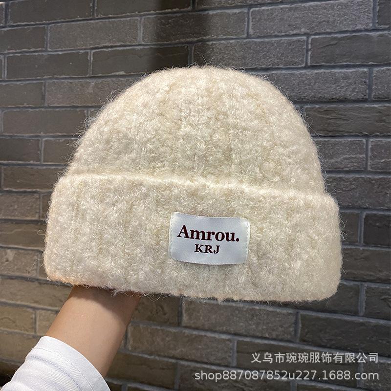 Big head circumference cloth embroidered wool hat for men and women, outdoor warm knitted hat in winter, small face pullover ear protection hat