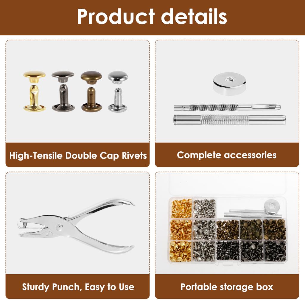 360Pcs Leather Rivets Kit 4 Colors Double Cap Rivets W/ 4 Setting Tools DIY Accessories Buckles for Decorating Leather Jackets