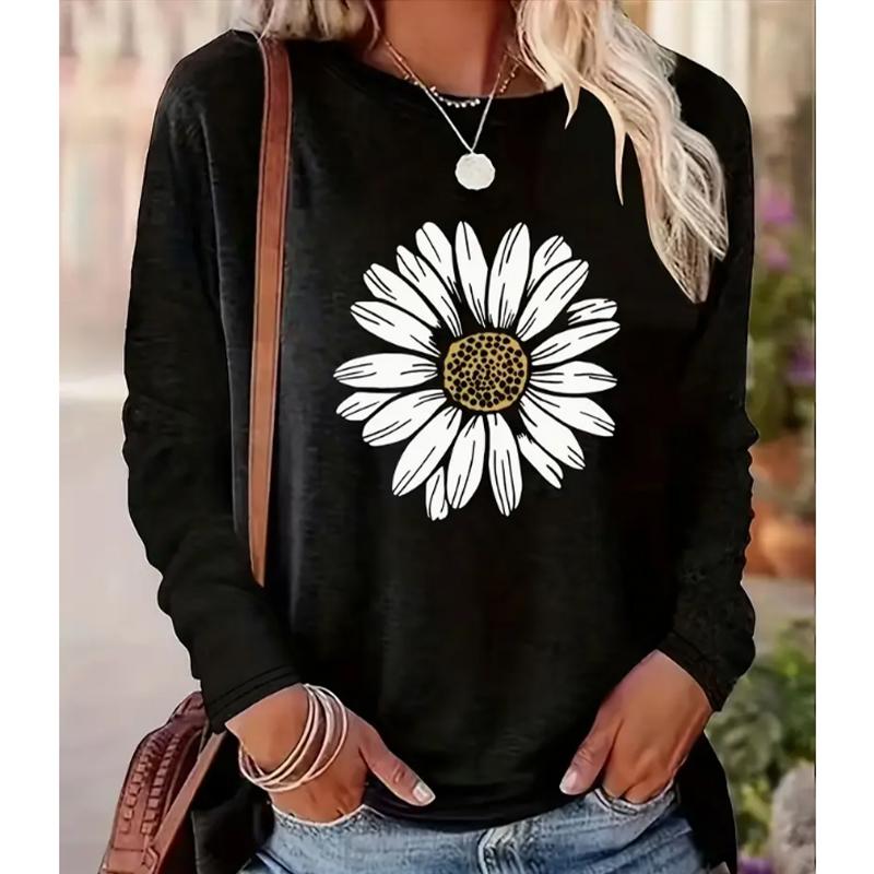 2025 Осень и Зима Женский Новый Повседневный Топ с Круглым Вырезом и Длинным Рукавом с 3D Цветочным Узором