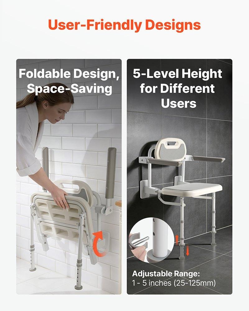 Foldable Shower Chair Wall Mounted, 457mm Folding Shower Seat with Backrest, Armrest & Adjustable Legs, HDPE Fold-Down Bathroom Chair Stainless Steel