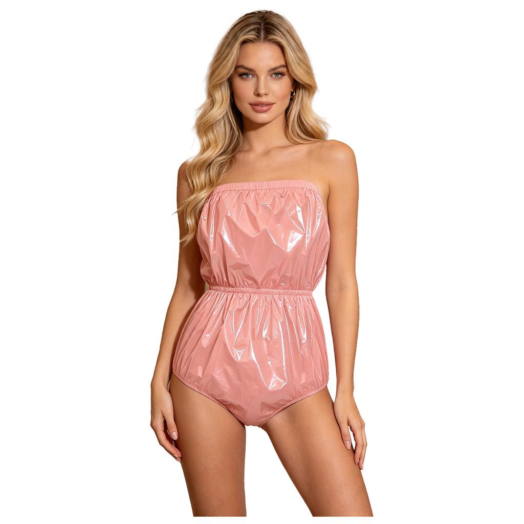 Womens Waterproof Glossy Swimwear Strapless Lingerie Bodysuit Elastic Band High Cutting Rompers Clubwear