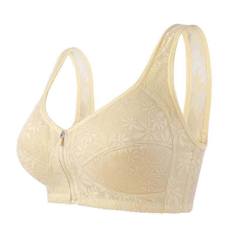 Soft Cotton Thin Cup Front Zipper Middle-aged and Elderly Underwear Ladies Jacquard Non-steel Ring Undershirt Type Large Size Bra