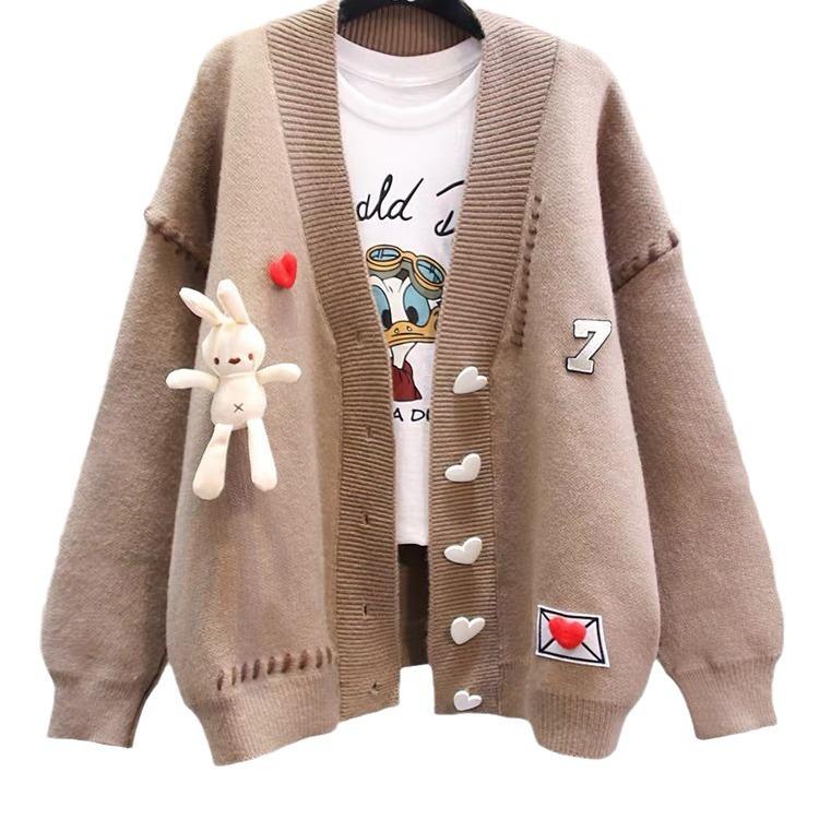 Кардиган Женская одежда Стиль преппи Love Rabbit Sweet Pull Femme Повседневная мода Вязаный свитер большого размера Пальто