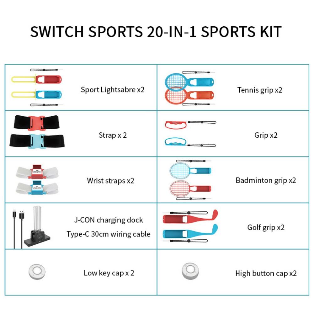 20 In 1 Switch Sports Accessories Bundle for Nintendo Switch Sport Game, Joycon Controller with Fencing Grips, Tennis Rackets/Golf Clubs/Charging Dock
