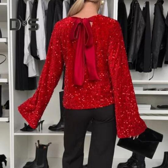 Женские топы с круглым вырезом, длинным рукавом, завязкой сзади, сексуальные топы свободного кроя, однотонные, повседневные блузки для вечеринок, повседневная одежда