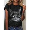 Летняя женская футболка с круглым вырезом, повседневная, свободный дизайн, топ Harajuku, модная футболка с 3D-принтом и изображением кота