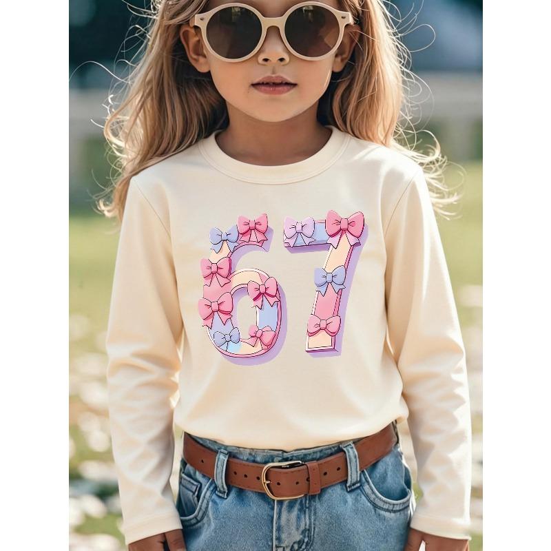 Унисекс Белая Футболка с Длинным Рукавом для Детей 4-12 лет Девочки Милый 3D Пастельно-Розовый Фиолетовый Бант Декор Цифра 67 Кокетливый Принт Мягкий Хлопок Лонгслив