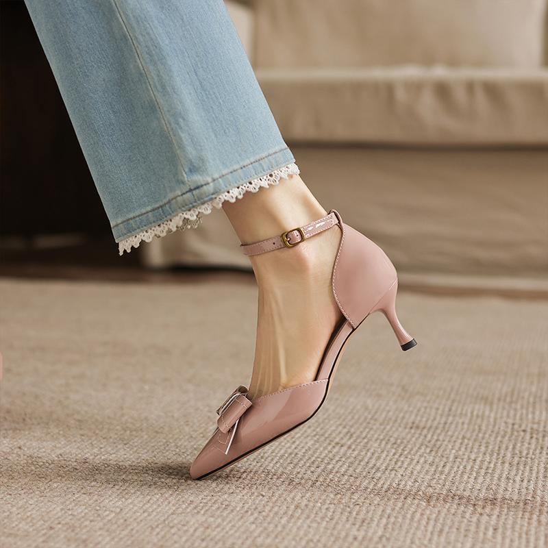 Sheepskin pointed bow hollow high-heeled shoes with a single buckle and thin heel for commuting